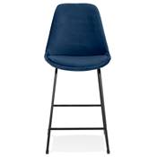 Tabouret de snack mi-hauteur 'GUSTO MINI' velours bleu pieds tréteaux en métal noir dossier haut