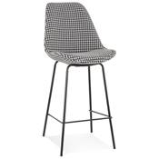 Tabouret snack mi-hauteur design 'KESKI MINI' tissu pied de poule 4 pieds métal noir dossier haut