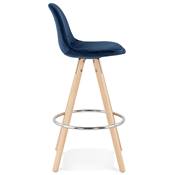 Tabouret snack mi-hauteur scandinave 'CIRCLE MINI' velours bleu 4 pieds bois et chromé dossier haut