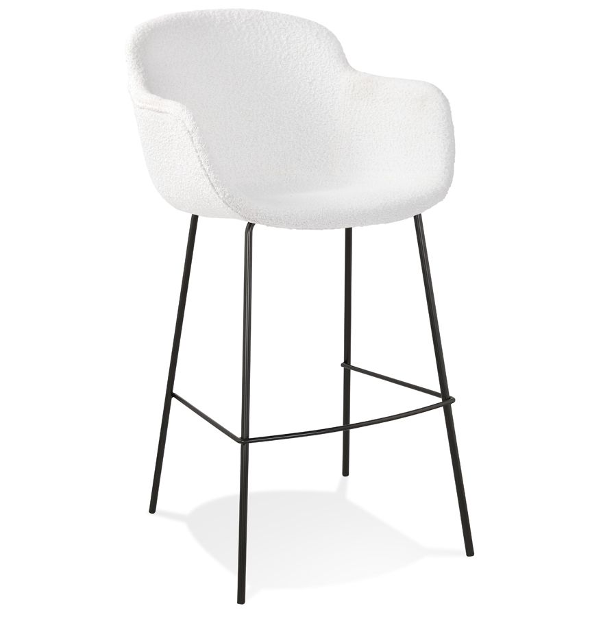 Tabouret de bar design à accoudoirs 'CARINO' en tissu bouclé blanc avec 4 pieds en métal noir dossier haut