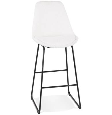 Tabouret de bar design 'GUSTO' en tissu bouclé blanc avec pieds tréteaux et repose pieds en métal noir dossier haut