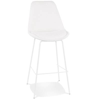 Tabouret de bar design de style moderne 'KESKI' en tissu bouclé blanc 4 pieds et repose pieds métal blanc dossier haut