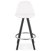 Tabouret snack mi-hauteur 'Black Circle' tissu bouclé blanc 4 pieds bois noir et chromé dossier haut