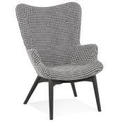 Fauteuil à oreilles design capitonné design 'ELEGAN' en tissu pied de poule pieds en bois noir