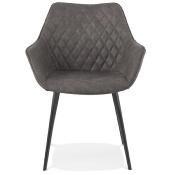 Chaise design vintage à accoudoirs 'DUCA' en microfibre gaufrée grise avec 4 pieds en métal noir