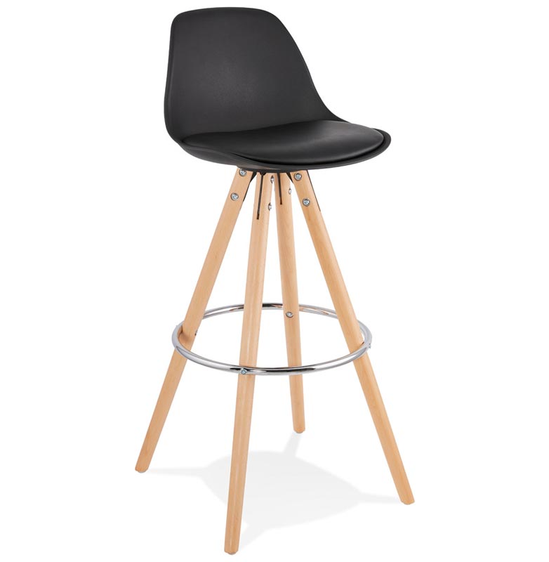 Tabouret de bar scandinave 'Circle' noir 4 pieds bois et repose pieds en métal chromé dossier haut