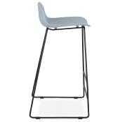 Tabouret de bar design 'Steelblack' bleu pieds tréteaux et repose pieds en métal noir dossier bas