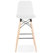Tabouret de bar scandinave 'Slakwood' blanc 4 pieds bois et repose pieds en métal noir dossier haut