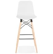 Tabouret de bar scandinave 'Slakwood' blanc 4 pieds bois et repose pieds en métal noir dossier haut