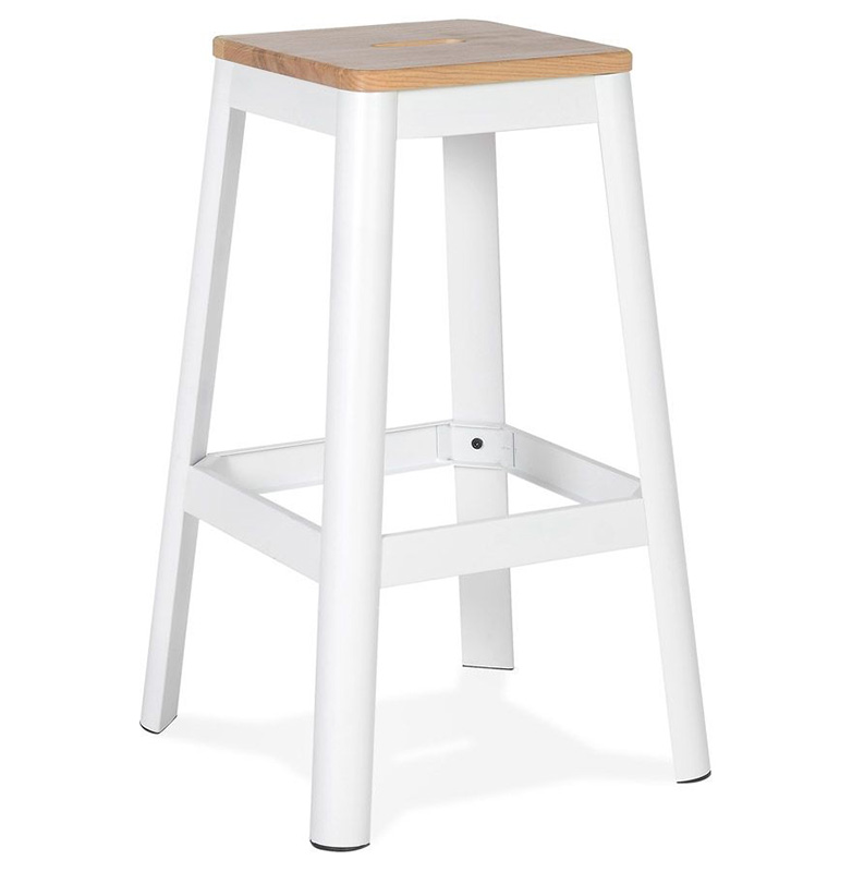 Tabouret de bar design style industriel carré 'FABBRICA' assise en bois avec 4 pieds en métal blanc