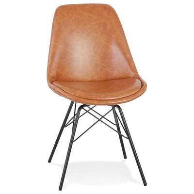 Chaise design 'GORD' en skaï de qualité marron et 4 pieds avec croisillons en métal noir