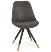 Chaise design 'Modena' en tissu grise avec 4 pieds en bois noir et métal brossé doré