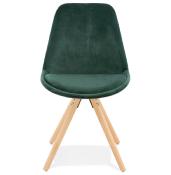 Chaise design 'Firenza' en velours verte avec 4 pieds en bois naturel