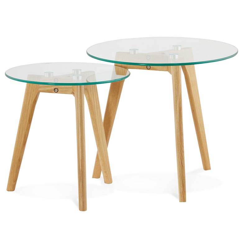 Tables basses scandinaves gigognes rondes 'Mukavä' plateau en verre 3 pieds en bois - Ø 50 cm