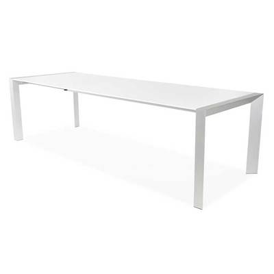 Table / table de réunion extensible 'Altar' blanche laquée 4 pieds métal brossé – 190(270) x 95 cm