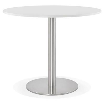 Petite table à diner / de bureau ronde 'Kara' blanche en bois pied central acier brossé - Ø 90 cm