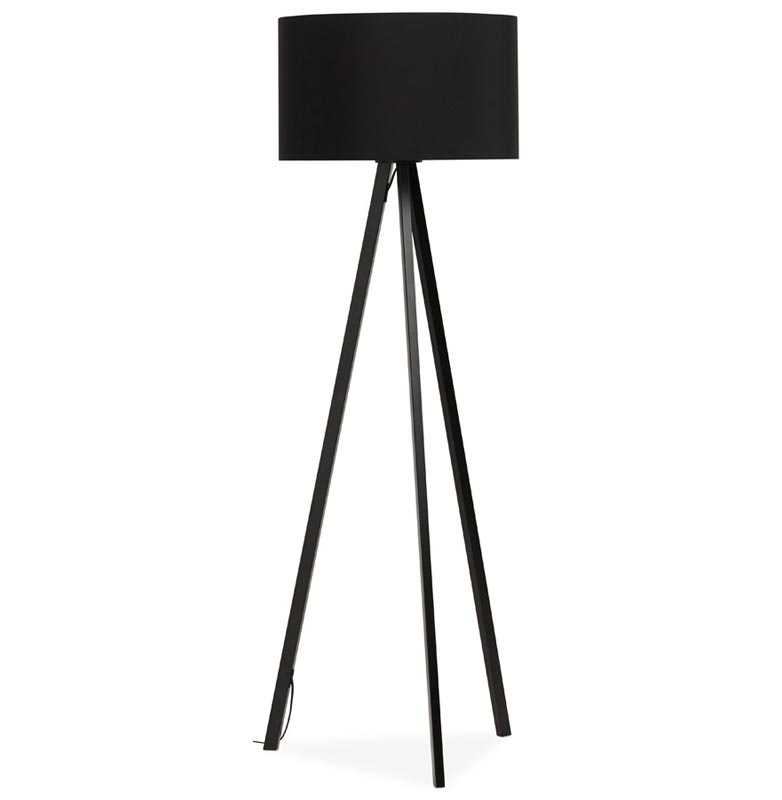 Lampadaire trépied scandinave 'Stätiv' abat-jour en tissu noir 3 pieds en métal noir