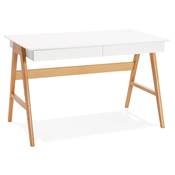 Petit bureau droit / table de travail design 'CHILD' blanc en bois pieds bois naturel - 120 x 70 cm