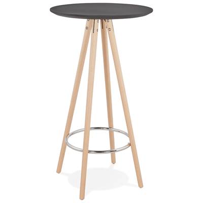 Table de bar haute design ronde 'ASTER' en bois noir avec 4 pieds en bois naturel et métal chromé
