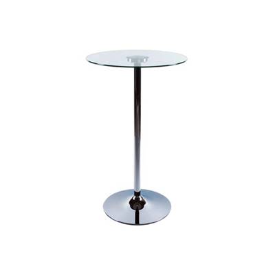 Table de bar haute design ronde 'Pub' en verre transparent avec pied central en métal chromé