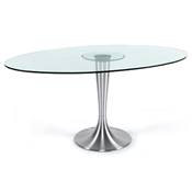 Table / table de réunion ovale 'Vénus' plateau verre pied central en métal brossé – 160 x 108 cm