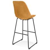 Tabouret de bar design 'GUSTO' velours moutarde pieds tréteaux repose pieds métal noir dossier haut