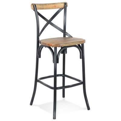 Tabouret de bar vintage 'MAKINA' bois finition noyer effet vieilli 4 pieds métal noir dossier haut