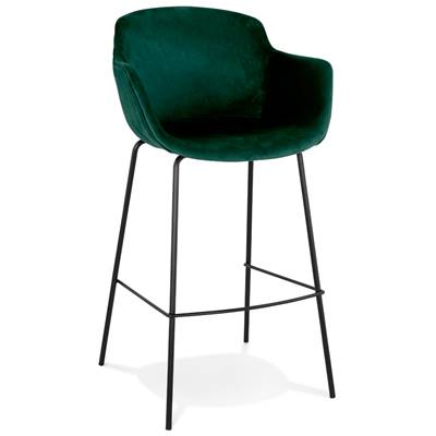 Tabouret de bar design à accoudoirs moderne 'CARINO' en velours vert avec 4 pieds en métal noir