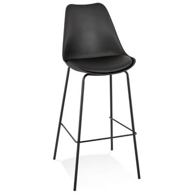 Tabouret de bar design moderne 'KESKI' noir avec 4 pieds et repose pieds en métal noir dossier haut