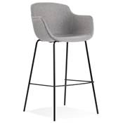 Tabouret de bar design à accoudoirs moderne 'CARINO' en tissu gris clair avec 4 pieds en métal noir
