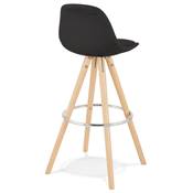 Tabouret de bar scandinave 'CIRCLE' tissu noir 4 pieds bois naturel repose pieds chromé dossier haut