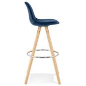 Tabouret bar scandinave 'CIRCLE' velours bleu 4 pieds bois naturel repose pieds chromé dossier haut