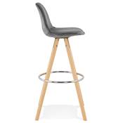 	Tabouret bar scandinave 'CIRCLE' velours gris 4 pieds bois naturel repose pieds chromé dossier haut