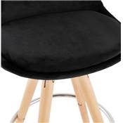 Tabouret bar scandinave 'CIRCLE' velours noir 4 pieds bois naturel repose pieds chromé dossier haut