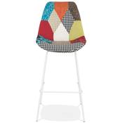 Tabouret de bar 'KESKI' tissu patchwork multicolor 4 pieds et repose pieds métal blanc dossier haut