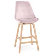 Tabouret snack mi-hauteur scandinave 'CHAIRMAN MINI' velours rose 4 pieds bois naturel dossier haut