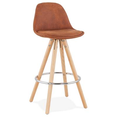 Tabouret de snack mi-hauteur scandinave 'CIRCLE MINI' microfibre marron 4 pieds bois dossier haut