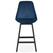 Tabouret snack mi-hauteur 'CHAIRMAN MINI BLACK EDITION' velours bleu 4 pieds bois noir dossier haut
