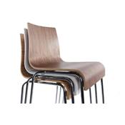 Tabouret de bar design 'Kadra' en bois noyer avec 4 pieds en métal chromé et dossier haut