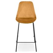 Tabouret de snack mi-hauteur 'KESKI MINI' en velours moutarde 4 pieds en métal noir dossier haut