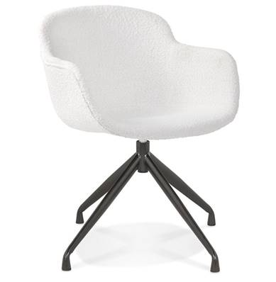 Chaise design pivotante à accoudoirs 'TICKY' en tissu bouclé blanc avec 4 pied en métal noir