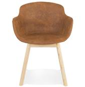 Chaise design à accoudoirs 'MAJESTY' en microfibre marron et 4 pieds en bois naturel