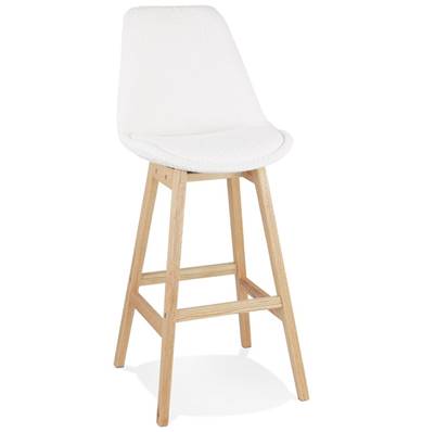 Tabouret de bar design scandinave 'Chairman' en tissu bouclé blanc avec 4 pieds en bois naturel et dossier haut