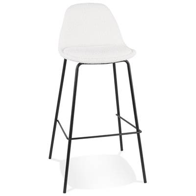 Tabouret de bar design moderne 'Tekno' en tissu bouclé blanc avec 4 pieds métal noir et dossier haut