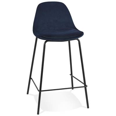 Tabouret snack mi-hauteur style baroque 'Tekno Mini' en velours bleu 4 pieds métal noir dossier haut