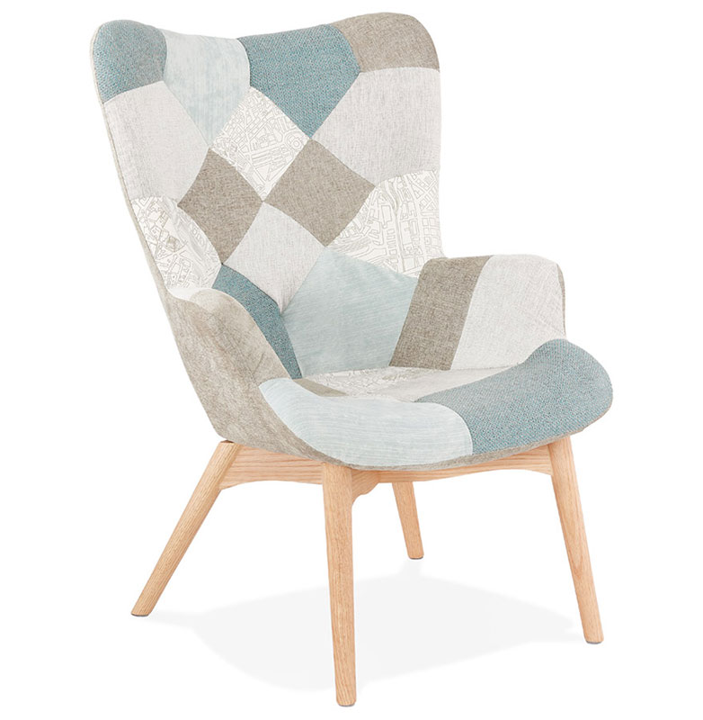 	Fauteuil à oreilles scandinave design 'ELEGAN' en tissu patchwork bleu et gris pieds en bois naturel