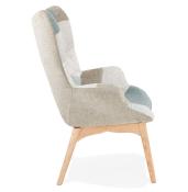 	Fauteuil à oreilles scandinave design 'ELEGAN' en tissu patchwork bleu et gris pieds en bois naturel