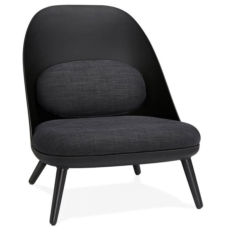 	Fauteuil lounge design de style scandinave 'LUKE' assise en tissu gris anthracite, structure noire et pieds en bois noir