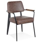 Chaise design à accoudoirs vintage 'FIFTY' assise marron et pieds en métal noir