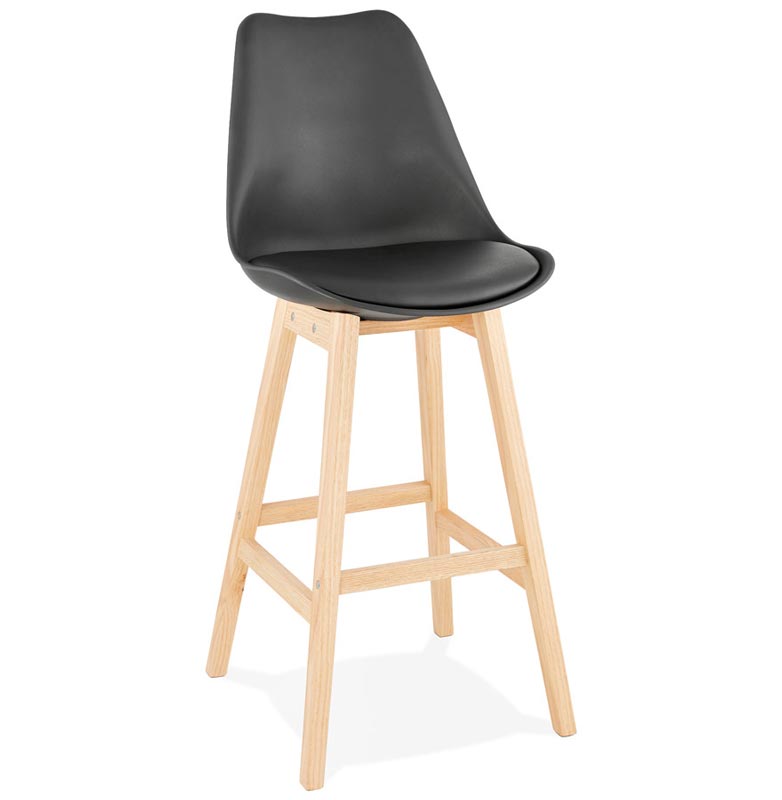 Tabouret de bar design scandinave 'Chairman' noir avec 4 pieds en bois naturel et dossier haut